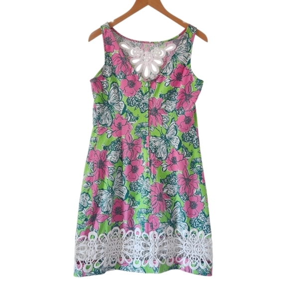 Lilly Pulitzer Retro Butterfly Shift Dress Pink + Green Lace Trim Sleeveless 8 - Picture 3 of 15